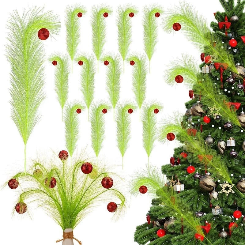 Pampas Grass Decor - กิ่งไม้สีเขียวบิดเกลียวตกแต่งคริสต์มาส, หญ้าแพมพัสสีเขียวเทียมสไตล์กรินช์, ก้านไม้ประดิษฐ์สีเขียวสำหรับตกแต่งโต๊ะปาร์ตี้คริสต์มาสที่บ้าน