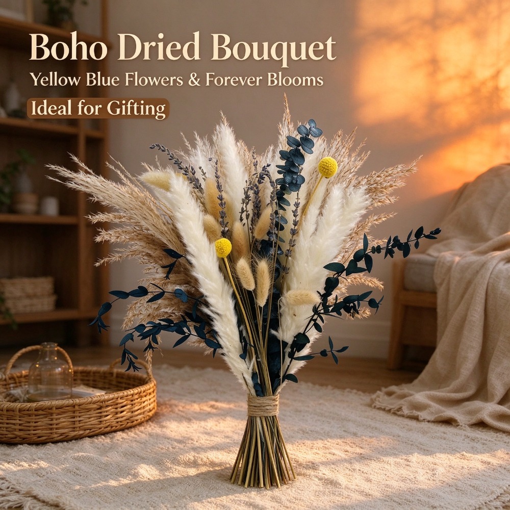 Pampas Grass Decor - ช่อดอกไม้แห้งจากหญ้าปัมปัส จัดคู่กับยูคาลิปตัสสีทอง ลาเวนเดอร์ และหญ้าหางกระต่าย สำหรับตกแต่งห้องนั่งเล่น