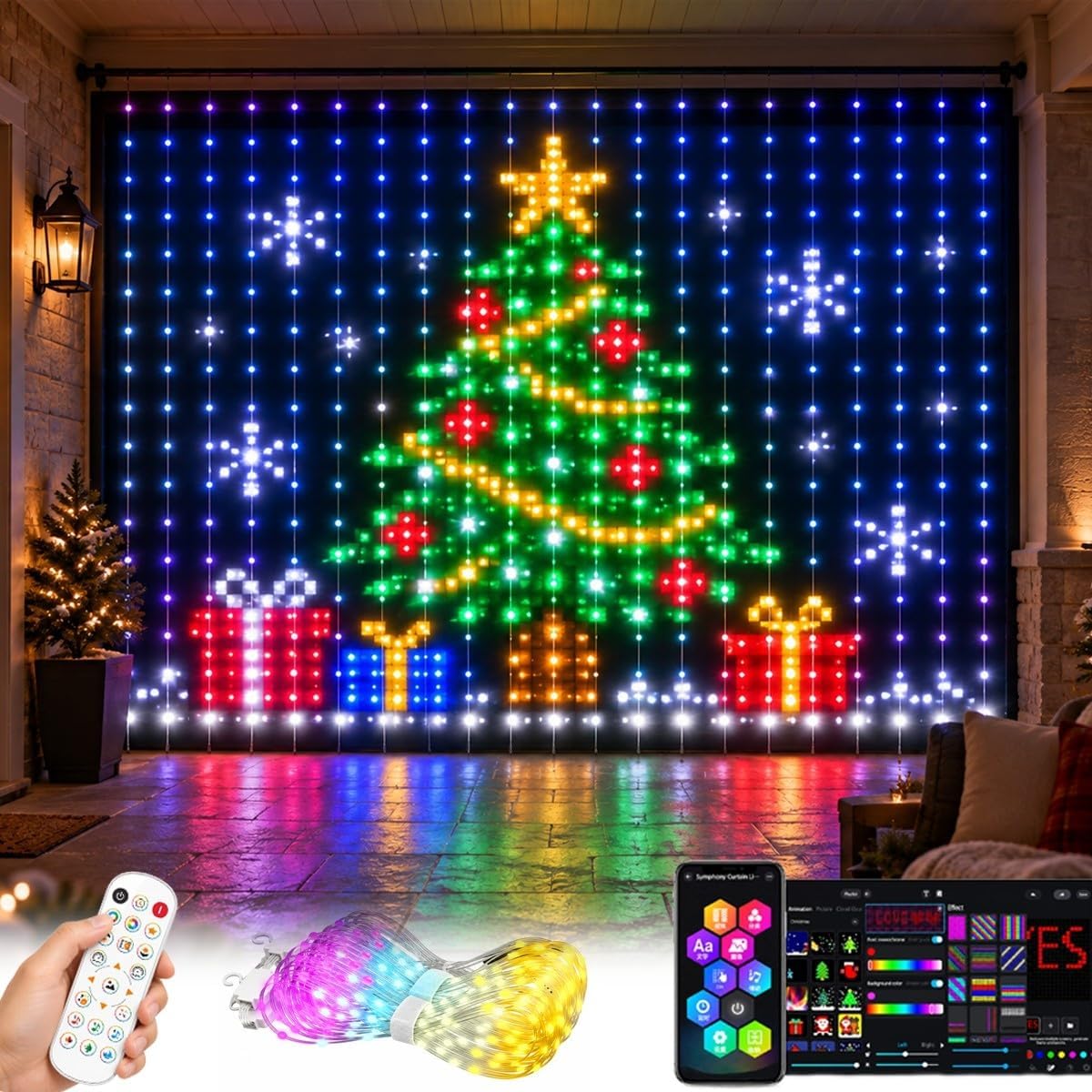 Home Decor Free App - ไฟประดับคริสต์มาสแบบม่าน RGB, ไฟประดับแบบพิกเซล DIY, ควบคุมด้วยแอปและรีโมทซิงค์เพลง, ใช้