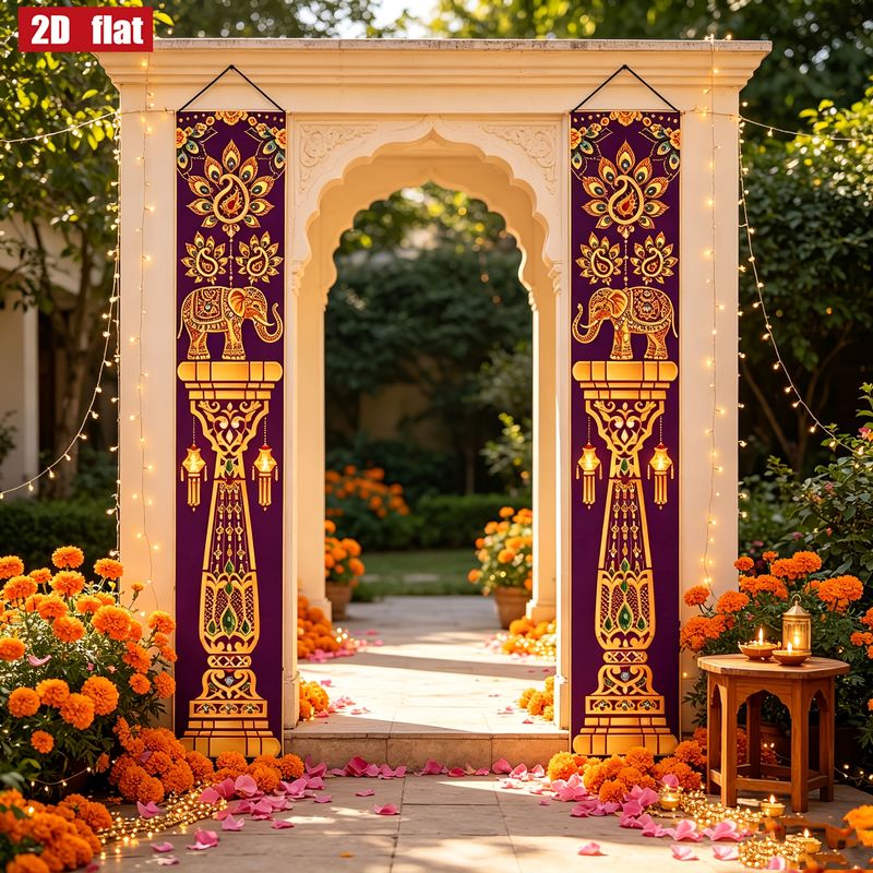Home Decor Indonesia - VIKAMA แบนเนอร์ประดับเฉลียงสำหรับเทศกาลดิวาลี 2 ชิ้น ลายช้างและนกยูงอินเดีย ป้ายแขวนแนวตั้ง