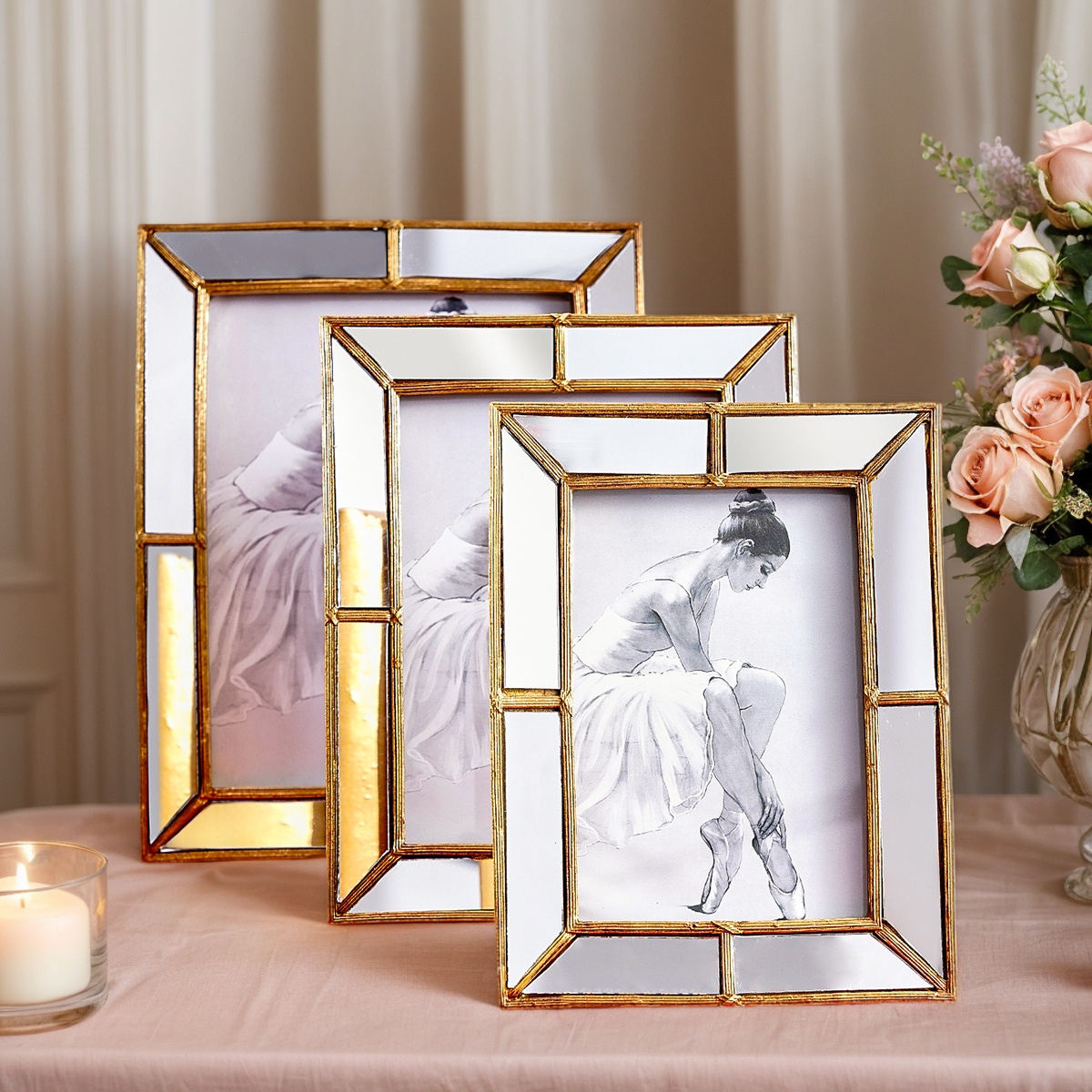 Bamboo Photo Frame - 1 ชิ้น, กรอบรูปพร้อมกรอบวัสดุเรซินสีทองเรียบง่ายและกระจกตกแต่งฝังกระจกเงา เหมาะสำหรับแสดงภาพถ่าย